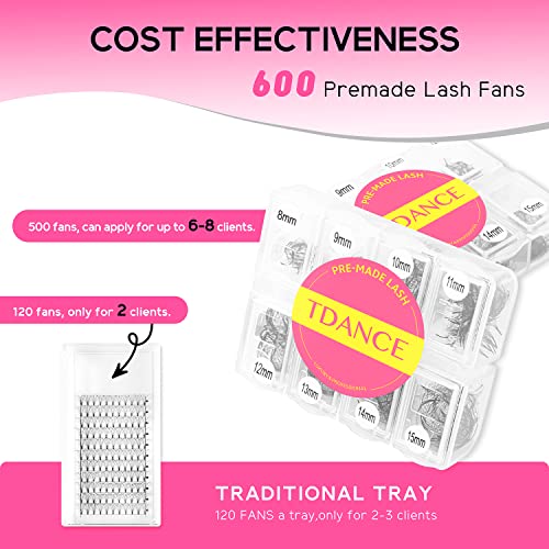 TDANCE 600 Fans Premade Fans Eyelash Extensions Natural & Volume Mixed Length Premade Lash Fans 5D-24D Handmade Promades Eyelash Fans C/D Curl Loose Fans(600-12D-0.03-C-8-15mm)