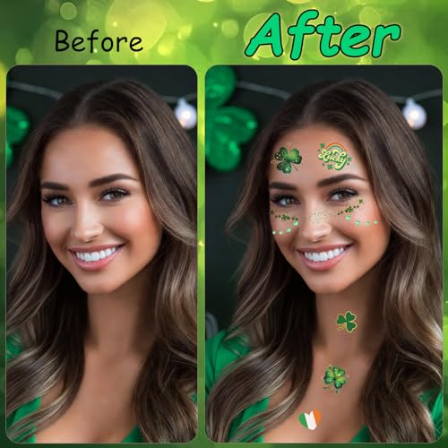 Glitter Freckles Face Tattoo, St Patrick's Day Glitter Shamrock Temporary Tattoos with Green Face Gems, Faux Freckles Saint Patricks Day Accessories Makeup Art Decorations Gift for Women