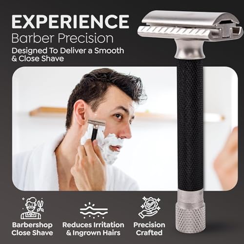 Parker THE VARIANT CLOSED COMB - ADJUSTABLE Double Edge Safety Razor, Customize your Shave with a Turn of the Dial from Mild to Aggressive - 5 Blades Included (GRAPHITE GRAY)