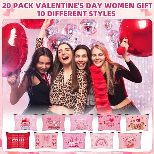 40 Pcs Valentines Day Cosmetic Makeup Bags Gift Bulk Valentine's Day Makeup Bags Bulk with Compact Mirrors Pink Red Travel Pouches with Zipper Toiletry Organizer for Women Party Favors Galentines Gift