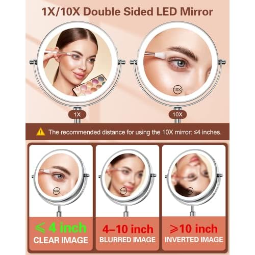 Benbilry Lighted Makeup Mirror with Magnification 10X & 3 Color Lights, Adjustable Brightness & Height, 7 Inch 360¡Æ Swivel Rechargeable LED Magnifying Make Up Vanity Mirror with Lighting (Silver)