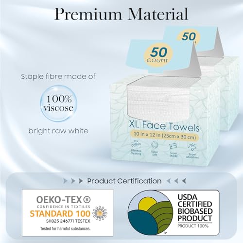 2 Pack of 50 count XL Disposable Face Towels 10¡± x 12¡±, 100% Viscose Fibre, Soft & Skin Friendly Face Towelettes Disposable, Facial Tissue Wipes for Women Cleansing