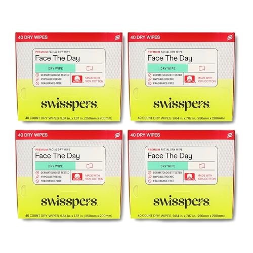 Swisspers Premium 100% Cotton Dry Facial Wipes - Hypoallergenic, Biodegradable Beauty Cloths with Dot Embossing - Vegan Makeup Remover Towelettes for Women & Men, 40 Count (Pack of 4)