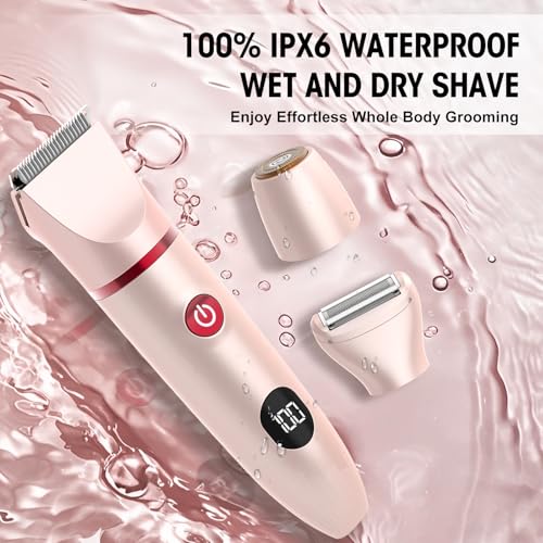 Bikini Trimmer for Women- 3 in 1 Painless Electric Razors for Women,Waterproof Pubic Hair Trimmer and Facial Hair Remover,LCD Display Body Shaver for Trip,Rechargeable Women's Grooming Kit