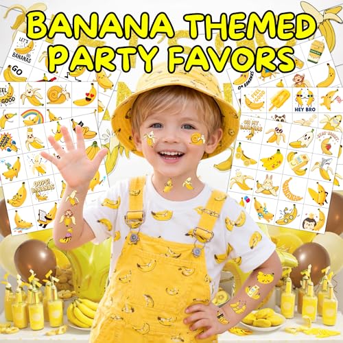 Banana Temporary Tattoos 96Pcs Yellow Banana Tattoos for Kids Birthday Party Supplies Favors Tattoos Sticker Super Cute Gifts Fruits Theme Party Decorations Girls Boys Classroom School Prizes Carnival