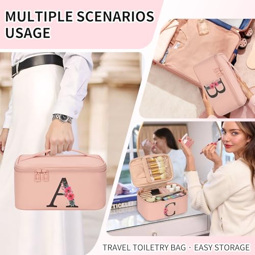 OCHEAL Initial Makeup Bag,Monogram Make up Bag Pink Travel Makeup Organizer Case Beauty Toiletry Cosmetic Bag with Brush Holder, Trendy Stuff Personalized Gifts for Women and Girls-A