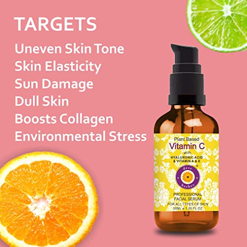 d?ve herbes Plant Based Vitamin C Face Serum with Hyaluronic Acid & Vitamin A & E for Personal Care 30ml (1 oz) with Free Pure Vitamin E Oil 10ml (0.33 oz)