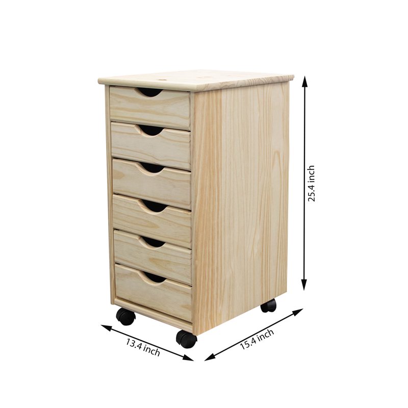 Solid Wood Mobile Storage Cart with 6 Drawers - Unfinished Pine, Versatile Organizer