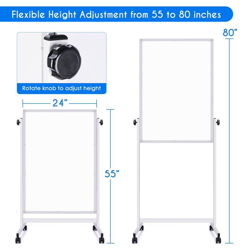 Adjustable Magnetic Whiteboard on Wheels - 48 x 24 Double-Sided Mobile Easel for Office & Classroom