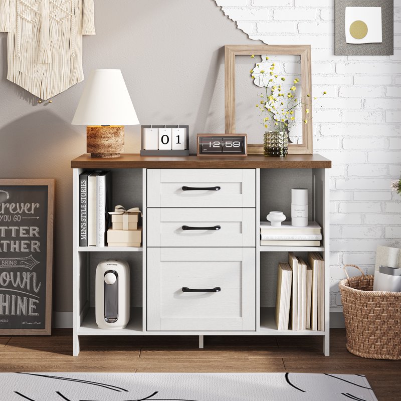 Wood 3-Drawer Lateral File Cabinet with Shelves - White Home Office Storage