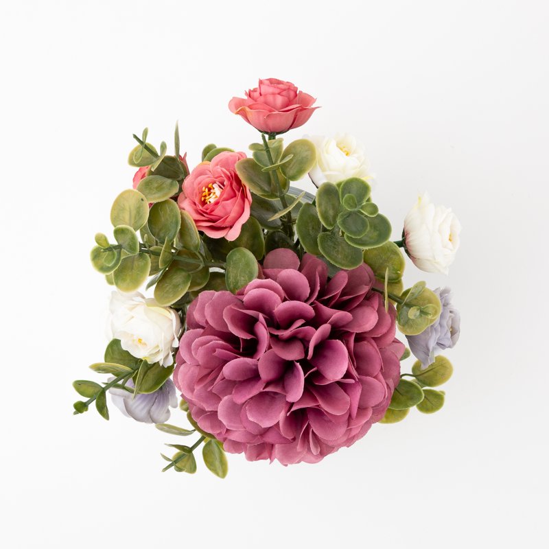 Faux Hydrangea and Eucalyptus Floral Arrangement in Clear Glass Vase - Indoor Decor