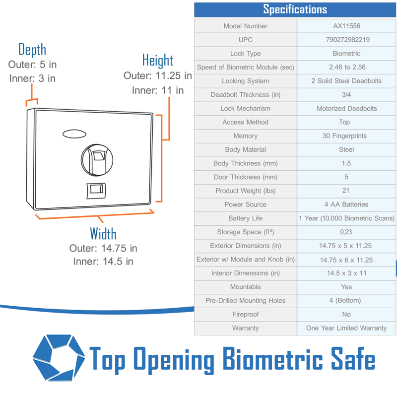 Biometric Fingerprint Safe Box 0.23 Cu Ft Top Opening Security Drawer Safe