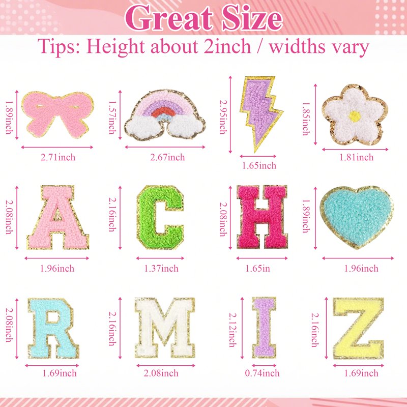 72-Piece Chenille Letter Patches Set with Heart, Lightning, Rainbow & Flower Designs for Clothing & Accessories