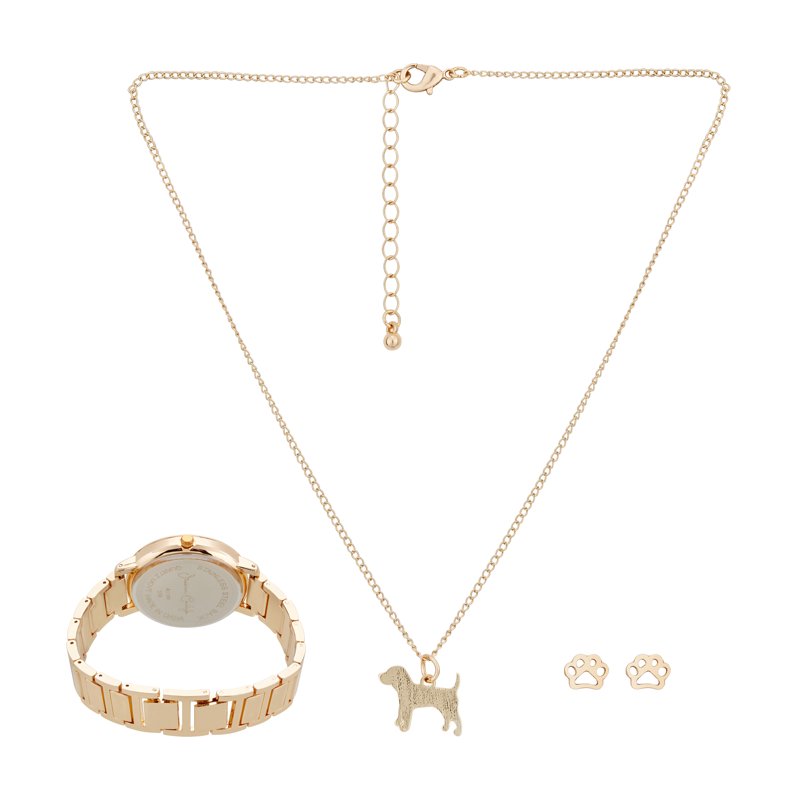 Ladies Gold Metal Strap Analog Watch with Necklace & Earrings Set - Holiday 2022