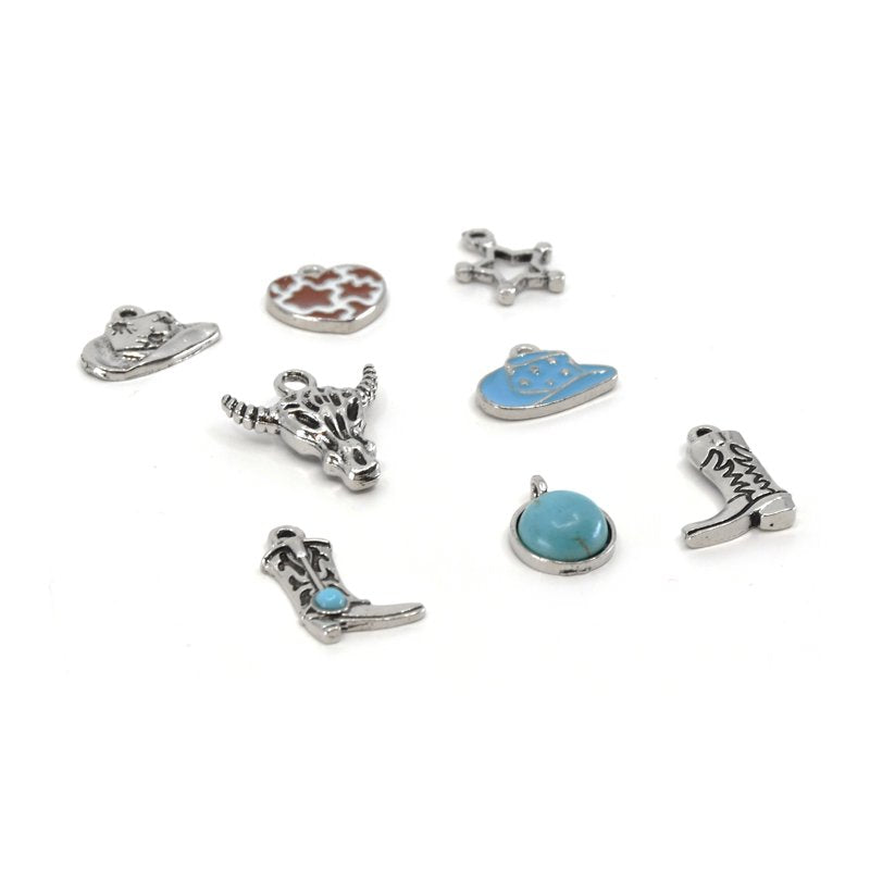 Western Charm Beads Set - Silver Turquoise Jewelry Making 8 Pcs