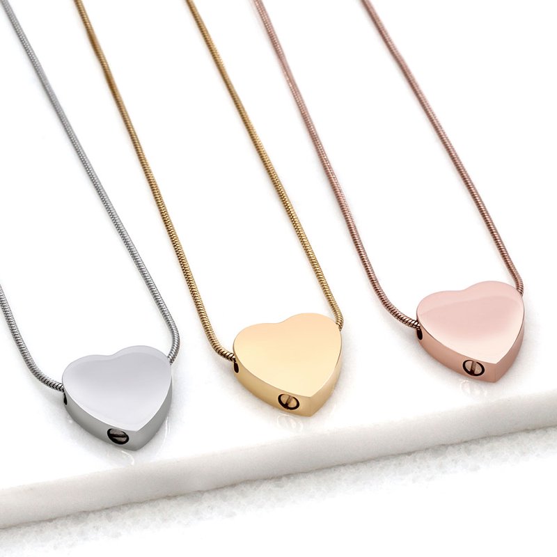 Heart Cremation Necklace Memorial Ashes Holder Keepsake in Silver, Gold, Rose Gold with Funnel & Jewelry Box