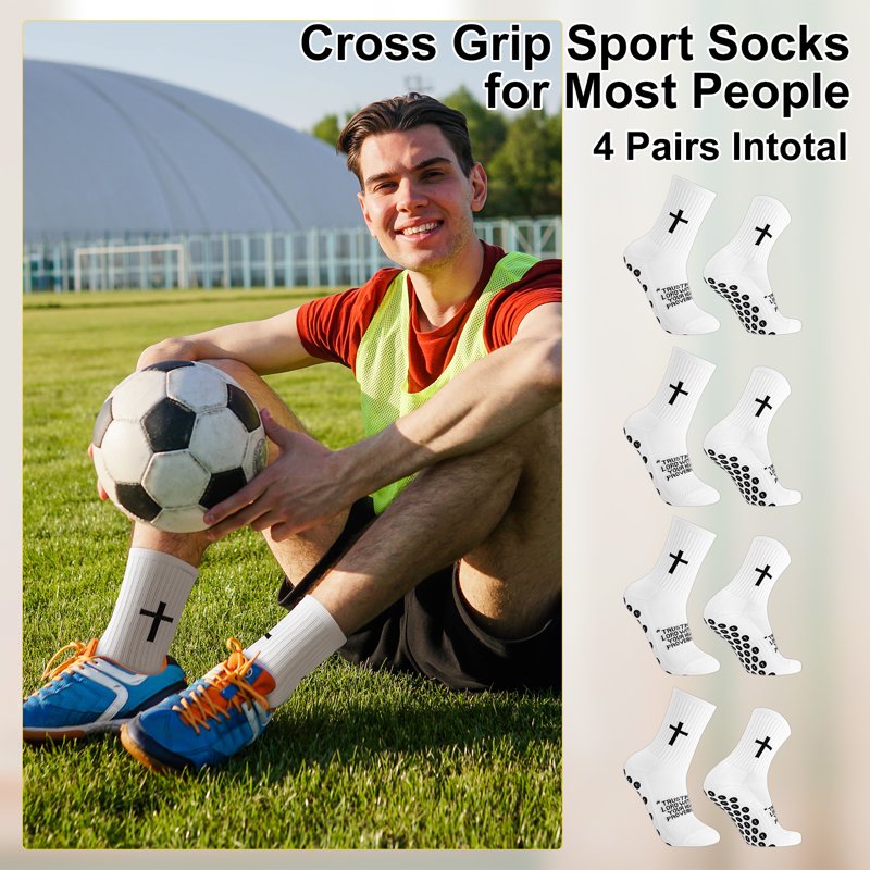 Cross-Grip Soccer Socks 4-Pair Set, White, Anti-Slip Training Socks US 7-11