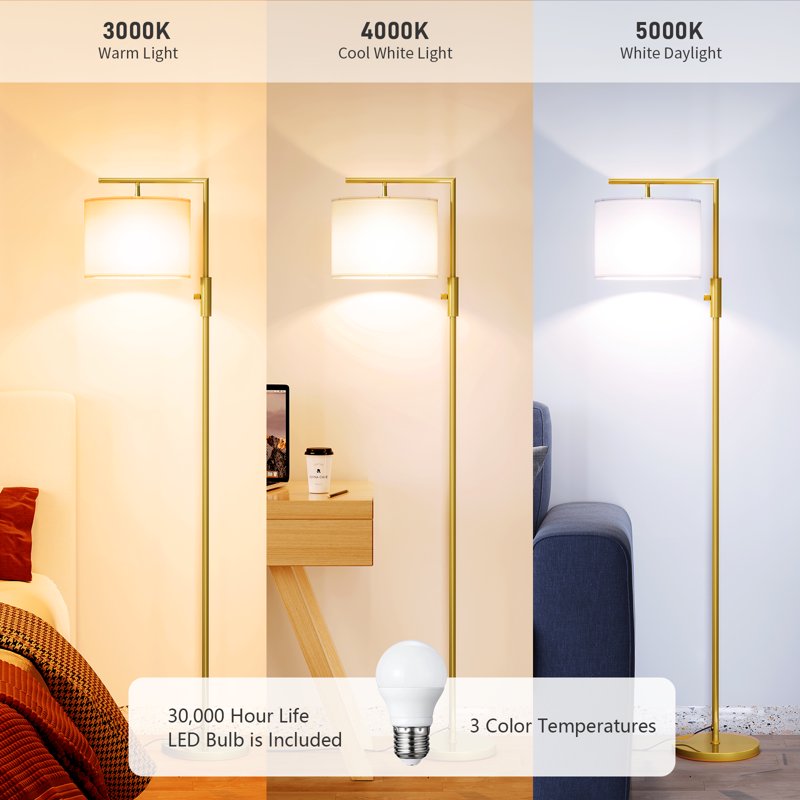 Modern Standing Floor Lamp with Rotatable Shade and 3 Color Temperatures - Gold or Black
