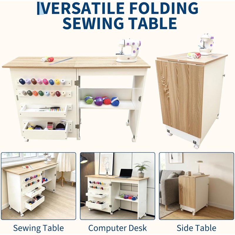 Portable Folding Sewing Table with Wheels, Storage Shelves & Trays