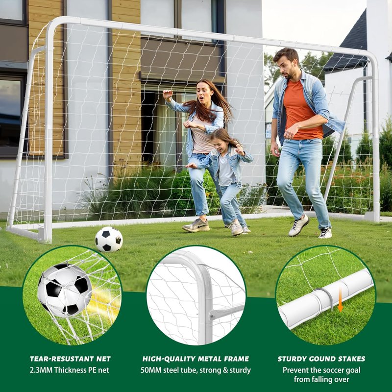 Foldable 12x6 ft Steel Soccer Goal – Portable Backyard Training Goals, White