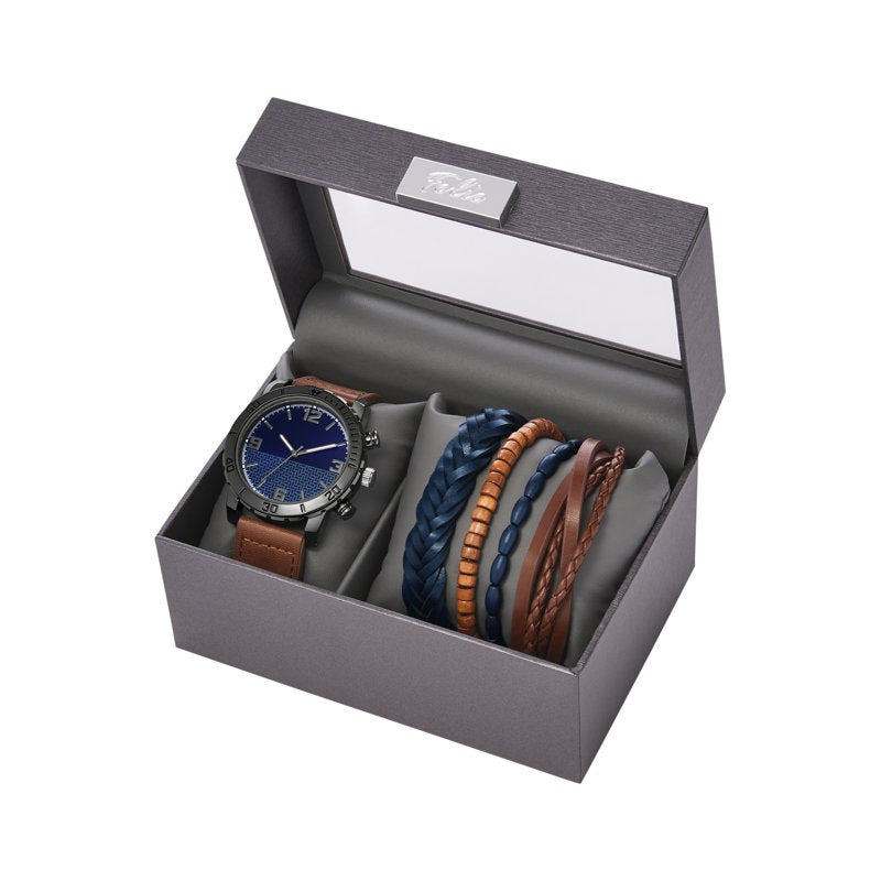 Men's Gift Set with Blue Sunray Dial Watch and Leather Bracelets - Gunmetal & Brown Vegan Leather