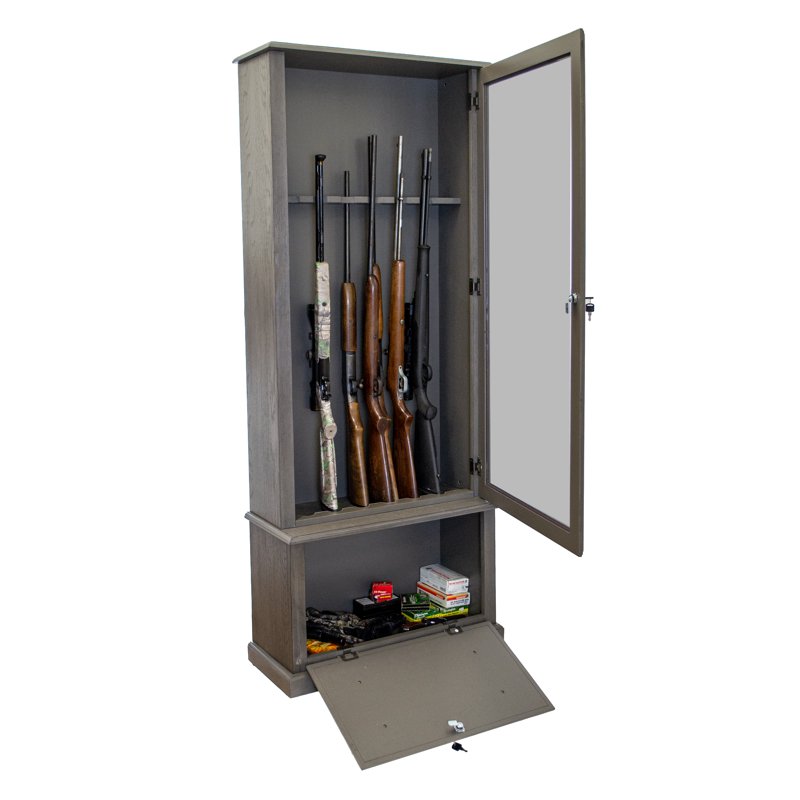 12-Gun Locking Cabinet with Base Storage - Grey Firearm Organizer