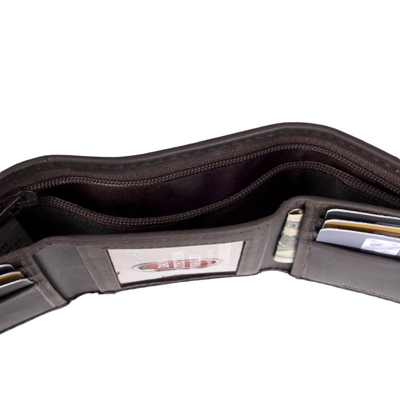 Men's RFID Leather Trifold Wallet with Interior Zipper & Logo Patch