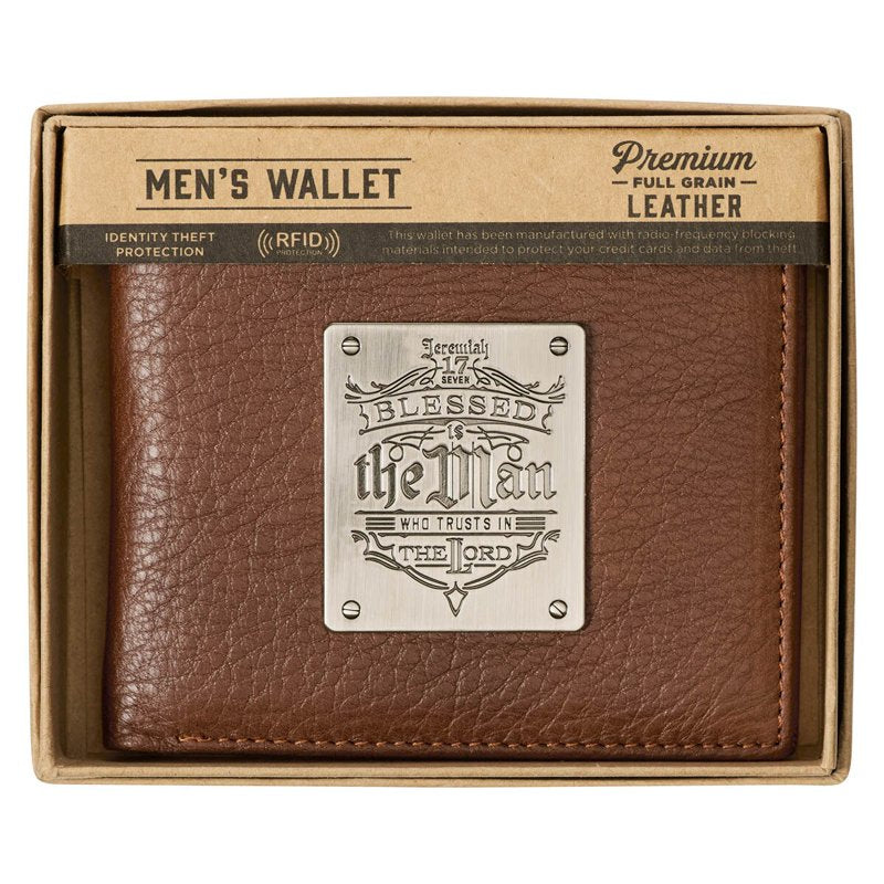 Leather RFID Wallet for Men with Christian Script - Gift-Ready Brown Bifold