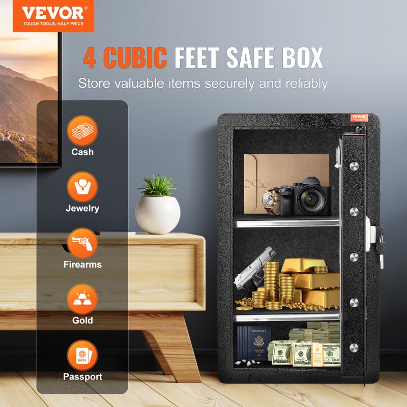 Secure 4.0 Cu.Ft Safe Box with Key Lock, Password & Fingerprint, Fireproof Bag & LED Light