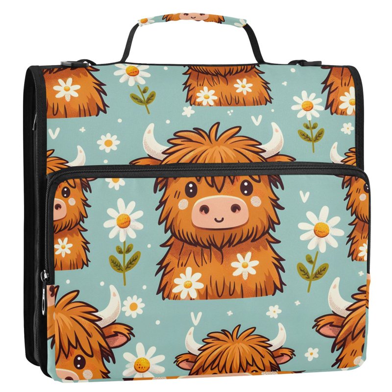 Zipper Binder with Cow & Daisy Design, 3-Ring File Organizer Bag
