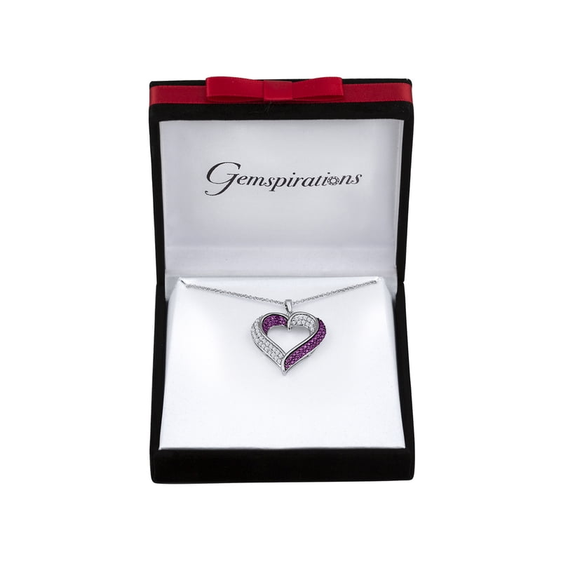 Sterling Silver Plated Heart Pendant with Simulated Ruby and CZ Accents - 18 Inch Chain