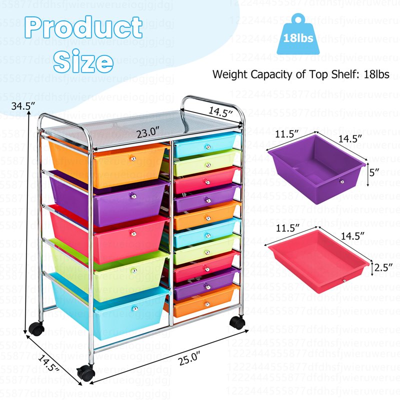15-Drawer Rolling Storage Cart with Multicolor Opaque Plastic Drawers and Casters