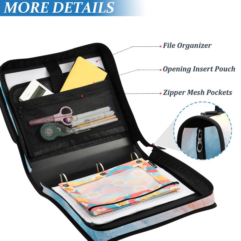 Waterproof 3-Ring Zipper Binder with Shoulder Strap for 500 Sheets - Soft Blue Pink Marble