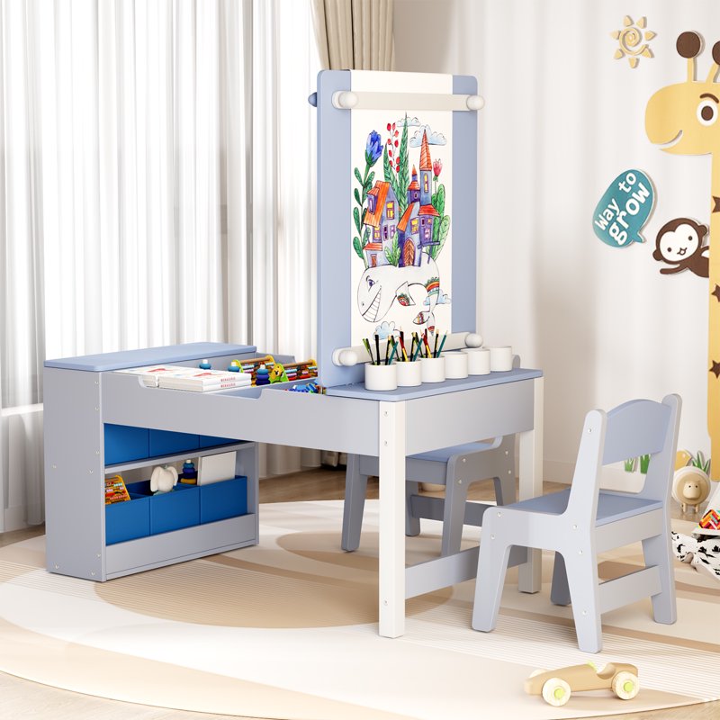 Kids Art Table and Chair Set with Storage & Easel, Craft & Activity Desk