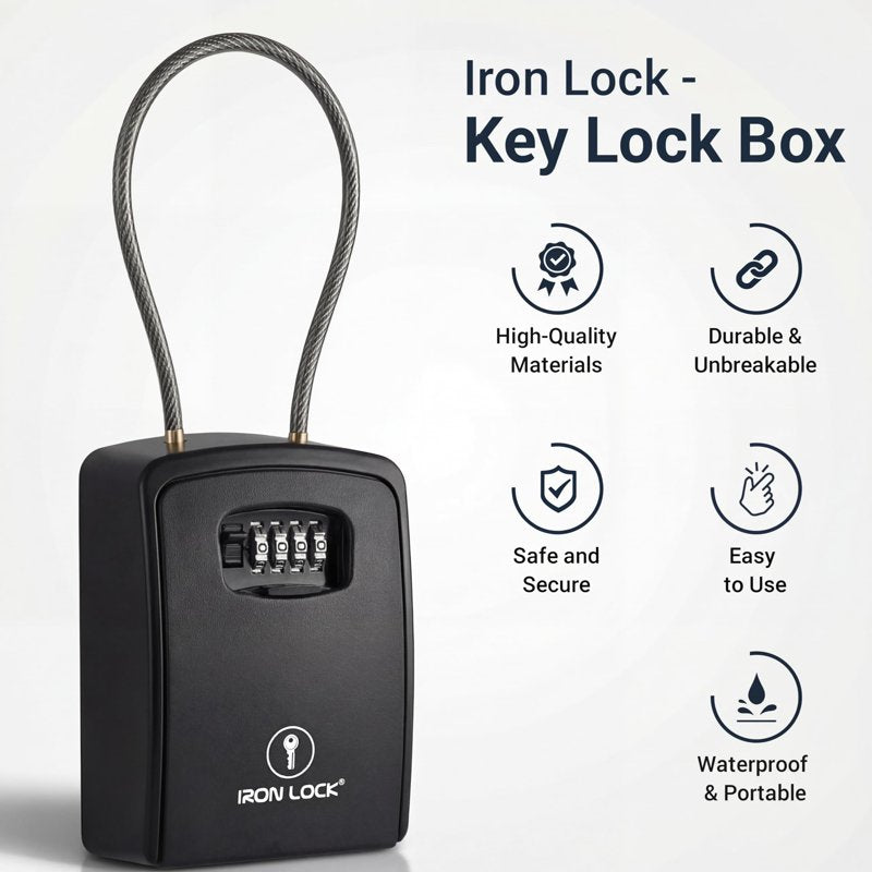 Extra Large Portable Key Lock Box with Cable Shackle - Waterproof Metal Security Storage