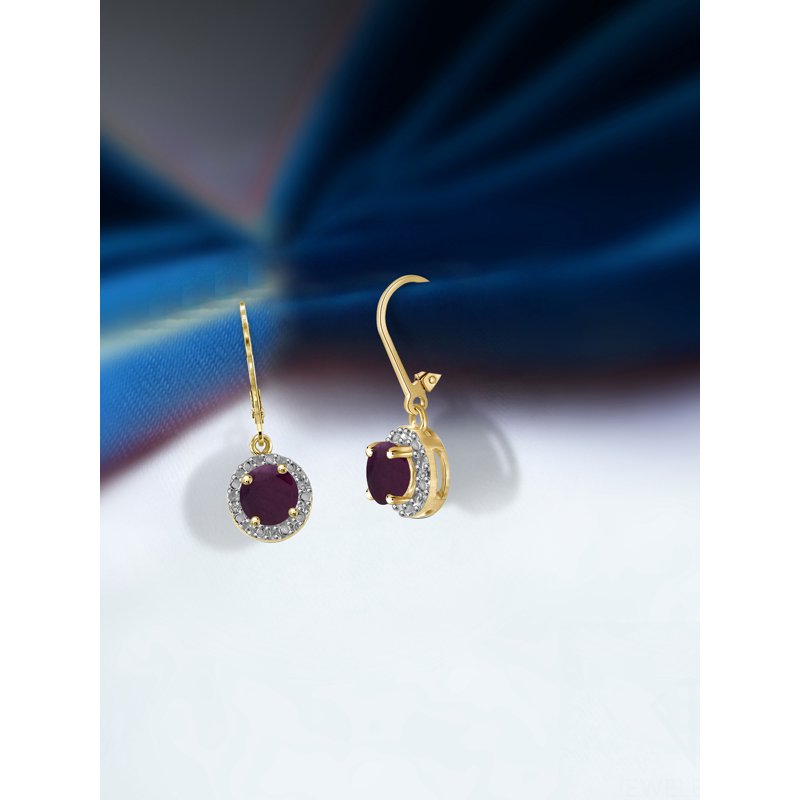 14K Gold-Plated Silver Ruby Drop Earrings - Hypoallergenic, Round Cut, Lever Backs, 1.35 CTW