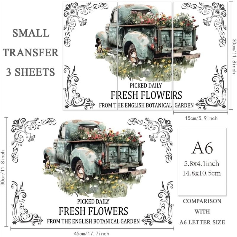 Vintage Truck Flower Rub On Transfer Stickers Set Waterproof Wall Art Decals