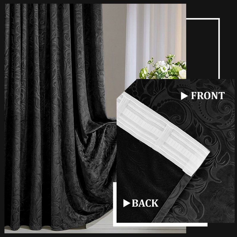 Velvet Floral Curtains with Insulation - Blackout, Thermal, Damask Pattern, Rod Pocket, 2 Panels