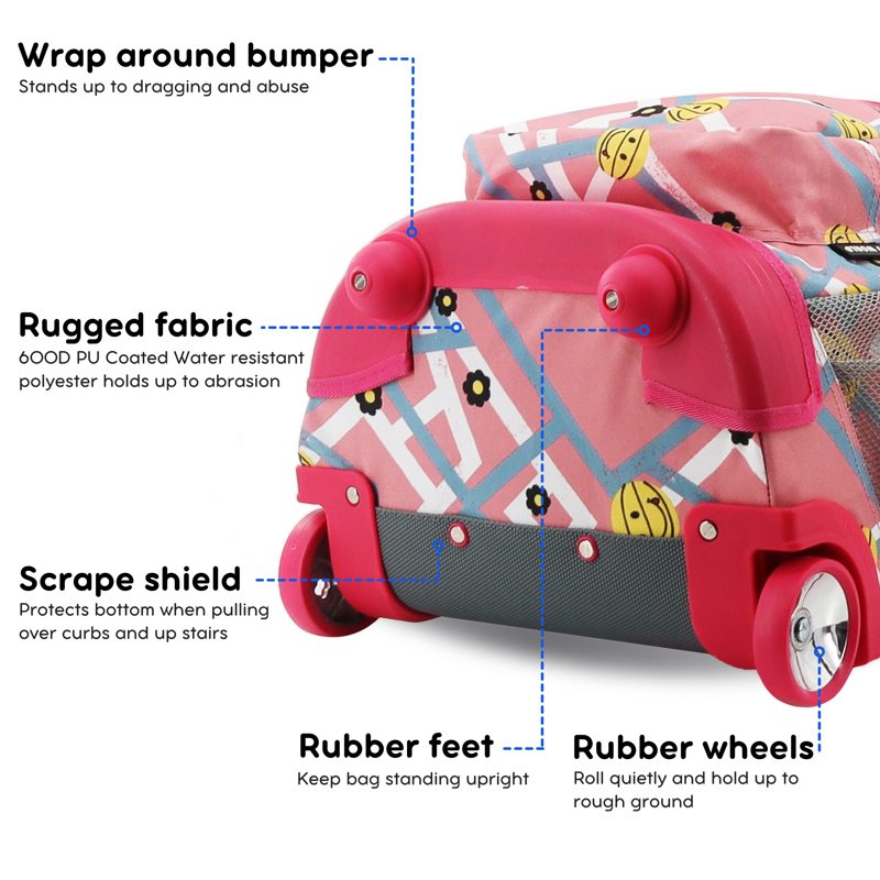 Kids Rolling Backpack 18 Inch School & Travel Bag with Organizer and Water Bottle Pockets