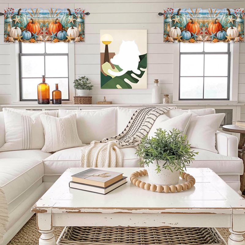 Coastal Fall Valance Window Treatment - Pumpkin & Seashell Design, Multiple Sizes