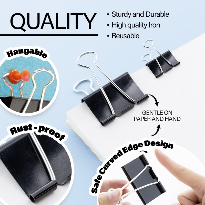 Assorted Size Black Binder Clips - Multi-Size Paper Clips for Office and School, 12 Pack