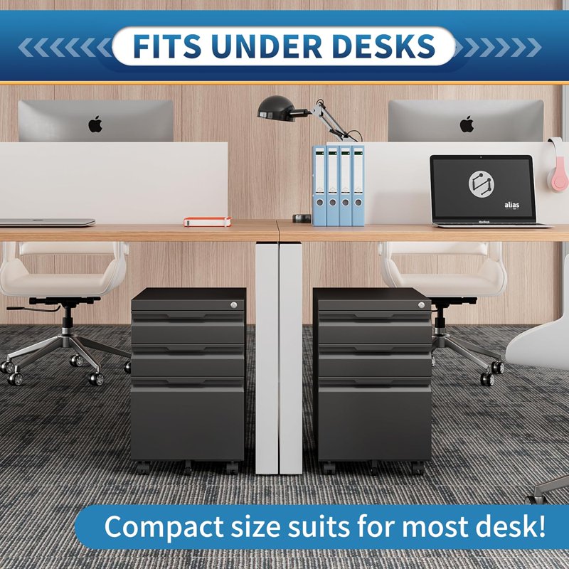 Locking 3-Drawer Metal File Cabinet on Wheels for Office & Home Storage