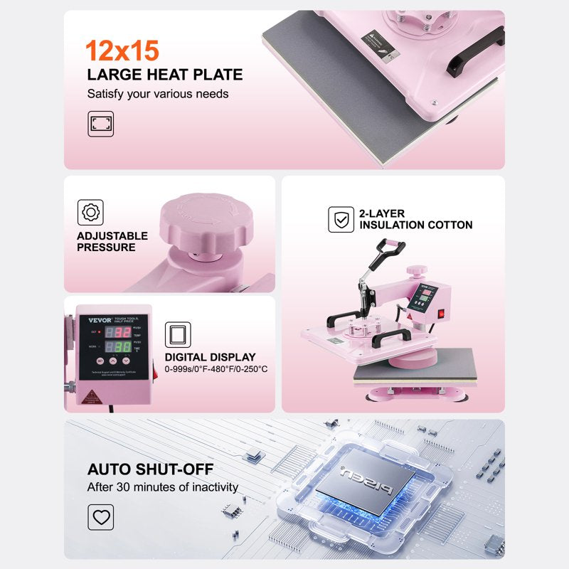 12x15 Inch Heat Press Machine 8-in-1 T-Shirt Mug Hat Plate Transfer with Digital Control