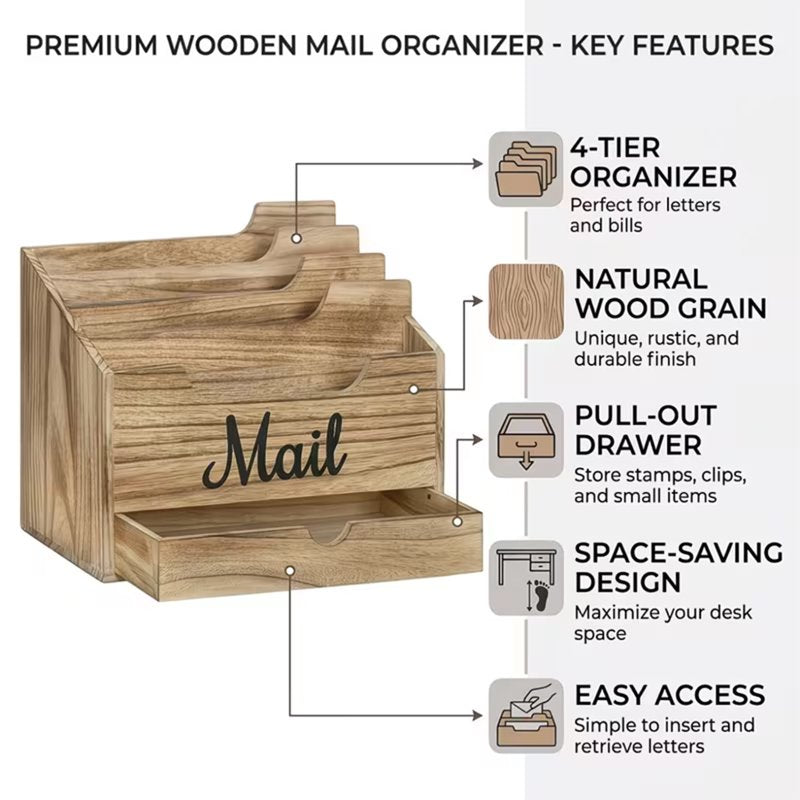 Wood Desktop Mail Organizer with 4 Large Compartments and Drawer – Rustic Office Desk Storage