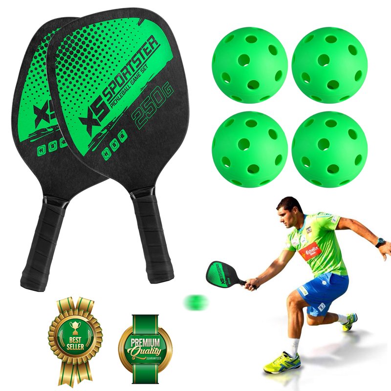 Wood Pickleball Paddles Set of 2 with 4 Balls and Carry Bag