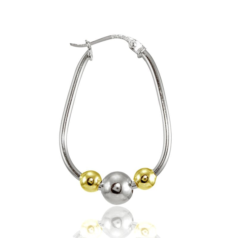 Sterling Silver Two-Tone Beaded Hoop Earrings - 30mm Jewelry for Women & Teens
