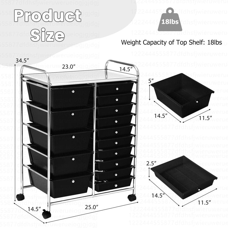 15 Drawer Rolling Storage Cart for Crafts Home Office & Garage Organization