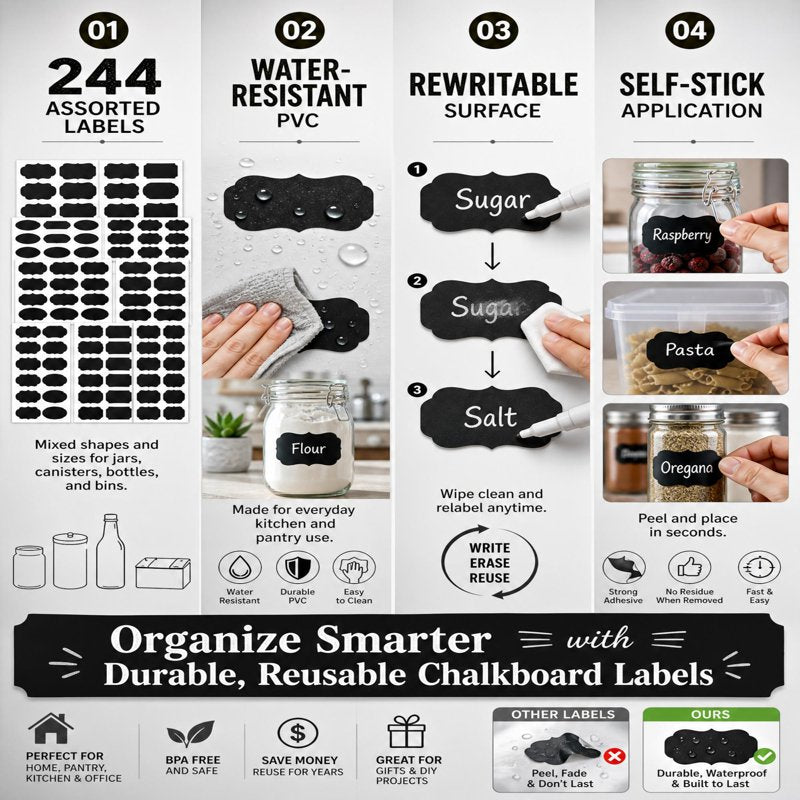 Chalkboard Style Labels Set with Markers - Water-Resistant Rewritable Self-Stick Labels for Pantry & Kitchen Organization - 244 Pieces