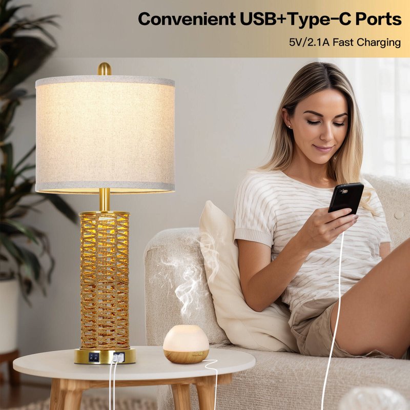 Set of 2 27-Inch Rattan Woven Table Lamps with USB Ports and Dual Switches