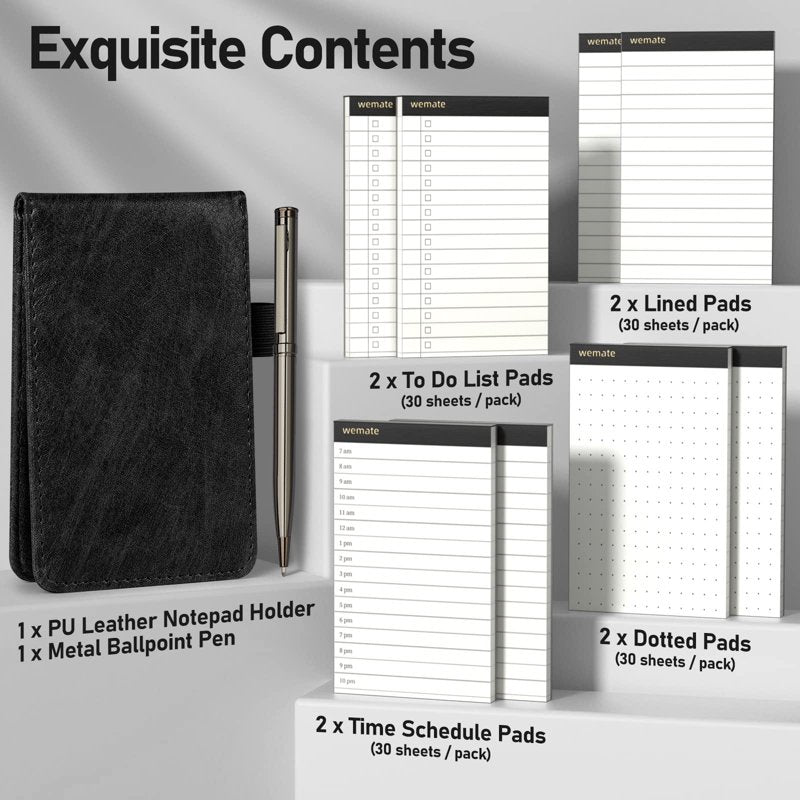 Mini Notepad Holder Set with Pen & 8 Refill Notepads for Meetings & Travel